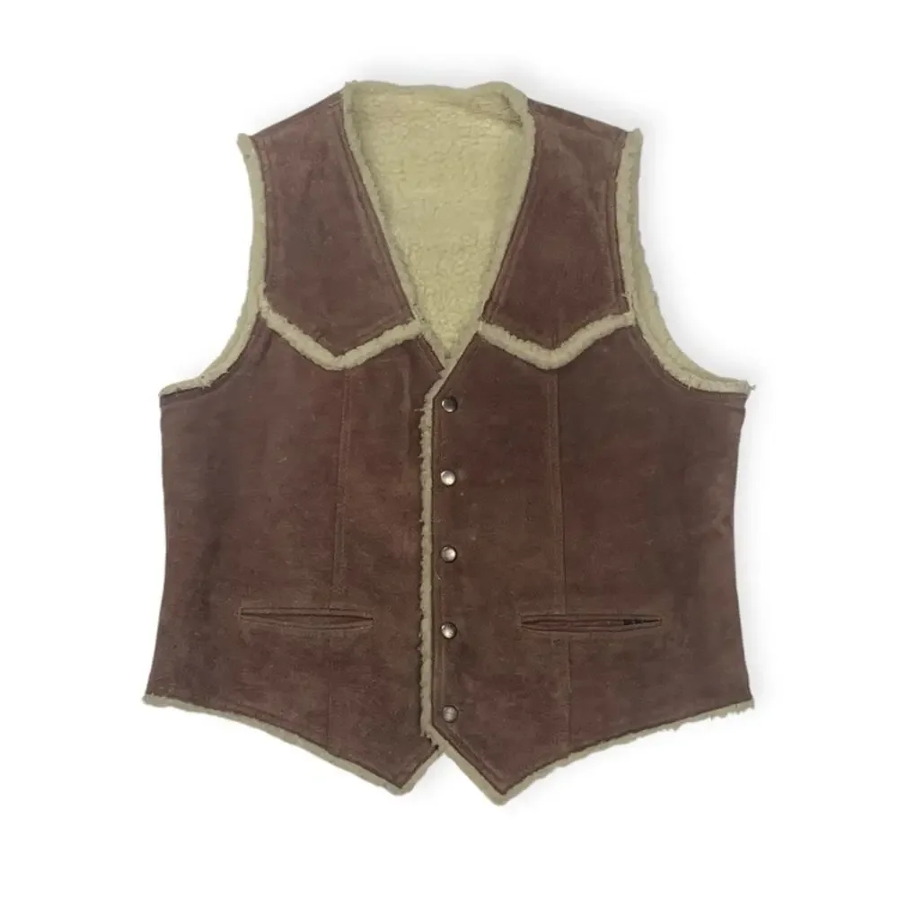 Vintage mens XL leather brown faux Sherpa vest oui cowboy western Yellowstone